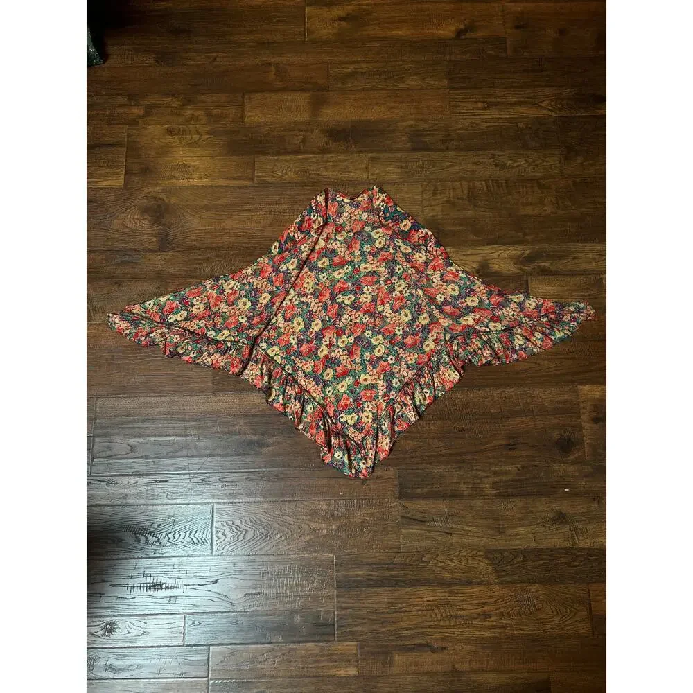 Vintage Cotton Shawl - Autumn Floral Print Ruffle Trim Handmade Wrap